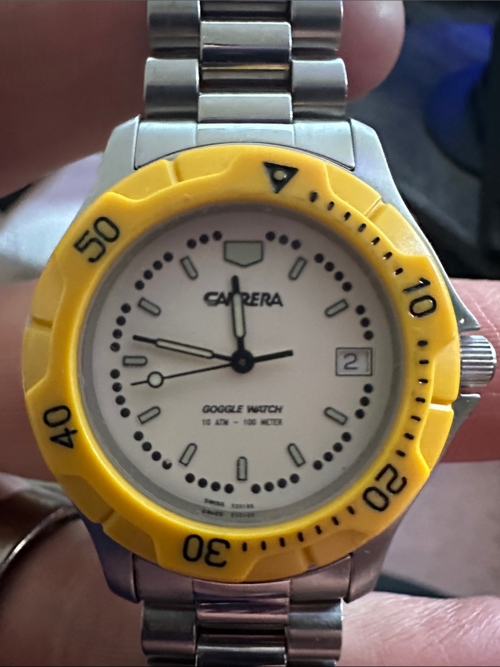 Carrera Stainless Steel Watch With Yellow Bezel And White Dial
